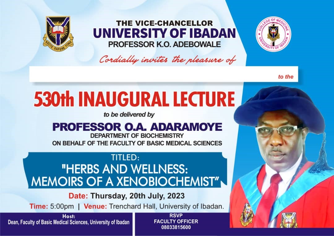 PROFESSOR OLUWATOSIN ADEKUNLE ADARAMOYE TO DELIVER 530TH UNIVERSITY OF IBADAN INAUGURAL LECTURE