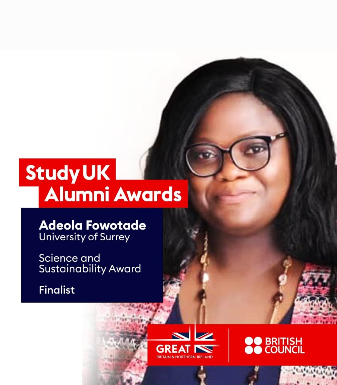 ADEOLA FOWOTADE, COORDINATOR OF THE CLINICAL VIROLOGY LABORATORY IN CoMUI IS A FINALIST FOR THE SCIENCE AND SUSTAINABILITY CATEGORY OF  UNITED KINGDOM ALUMNI AWARD 2023